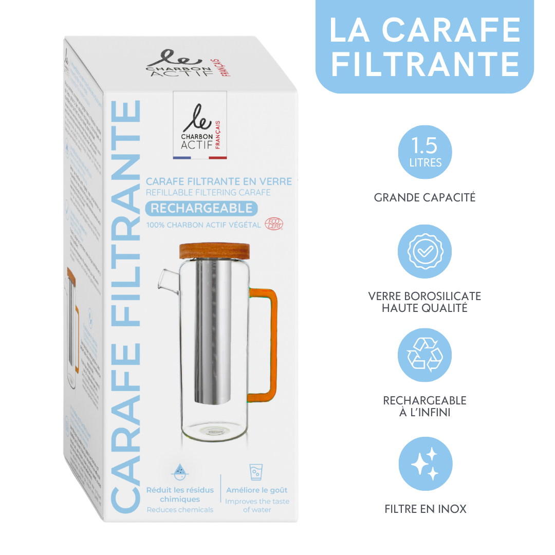Carafe filtrante en verre 1.5L - rechargeable et écologique